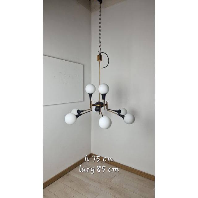 Twelve-Light Brass Chandelier with Opaline Spheres from Stilnovo, 1950s For Sale - Image 16 of 16