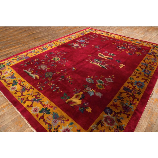 1920s Room Size Wool Fuschia Chinese Floral Modern Antique Knotted Art Deco Rug For Sale - Image 4 of 10