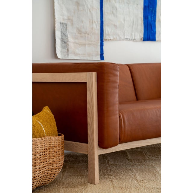 LIFT Minimalist Three-Seater Sofa in Oak Wood and Camel Leather Seat by Julien Renault For Sale - Image 10 of 12