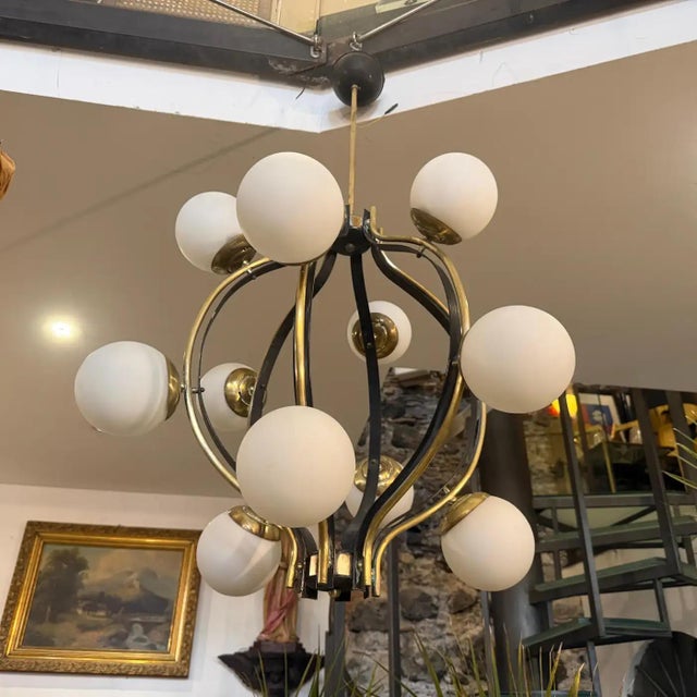 Brass 1950s Mid--Century Modern Brass and White Glass 12 Lights Chandelier by Stilnovo For Sale - Image 8 of 14