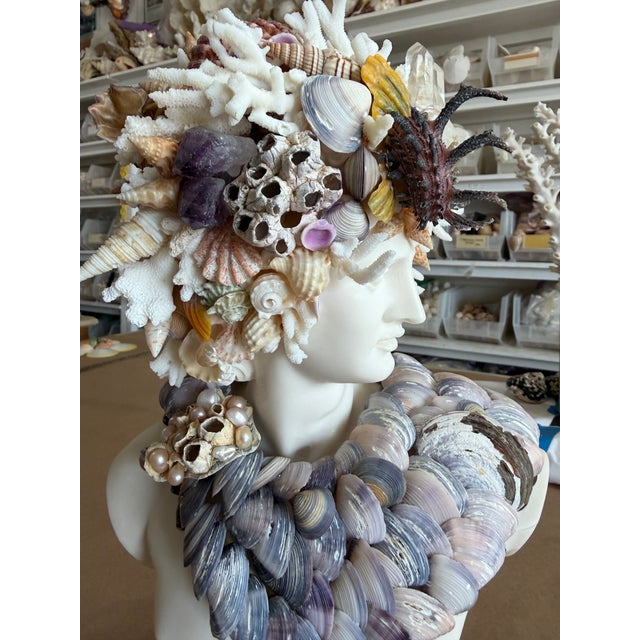 Exquisite Christa's South Seashells 14" Marble Bust of Apollo - beautifully adorned with a variety of special shells,...