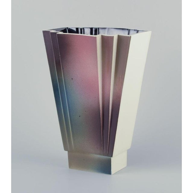 Margareta Hennix for Gustavsberg Studio. Large vase of stoneware. Art Deco shape. Hand-decorated. Circa 1980s. Marked....