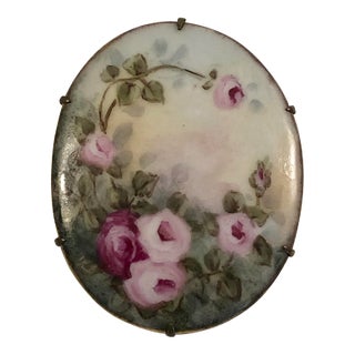 Antique Victorian Porcelain Brooch With Pink Roses For Sale