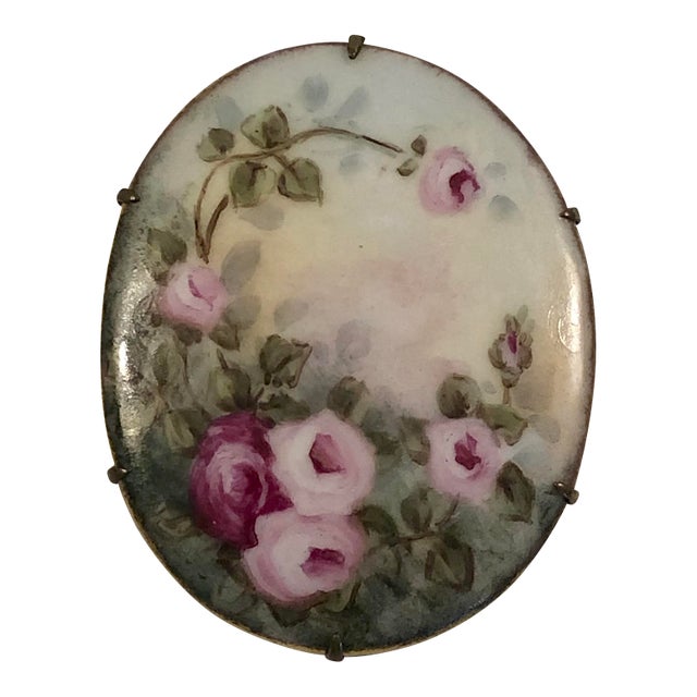Antique Victorian Porcelain Brooch With Pink Roses For Sale