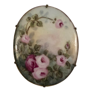 Antique Victorian Porcelain Brooch With Pink Roses