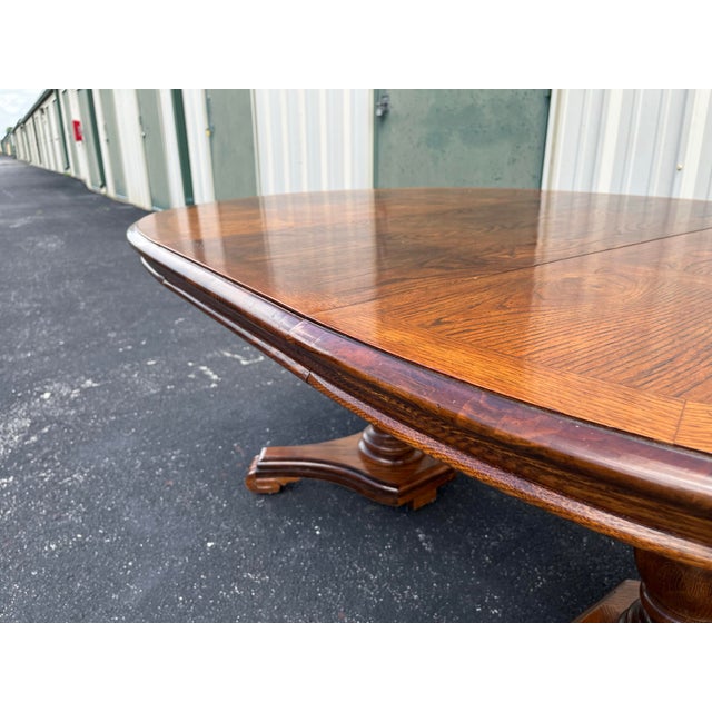 Late 20th Century Rustic Double Pedestal Oak Extension Dining Table For Sale - Image 11 of 12