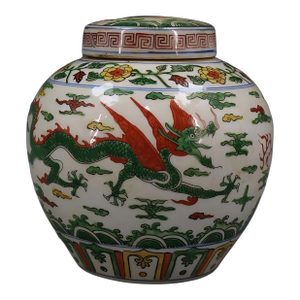 Chinese Vintage Ceramic Pot,Ming Dynasty Jiajing Marked Famille Verte Porcelain Tea Jar Hand Painted Cloud Dragon Pattern