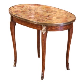 Early 20th Century Louis XV French Marble Top Walnut Marquetry Oval Side Table For Sale