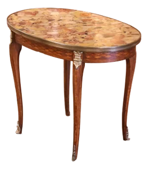 Early 20th Century Louis XV French Marble Top Walnut Marquetry Oval Side Table