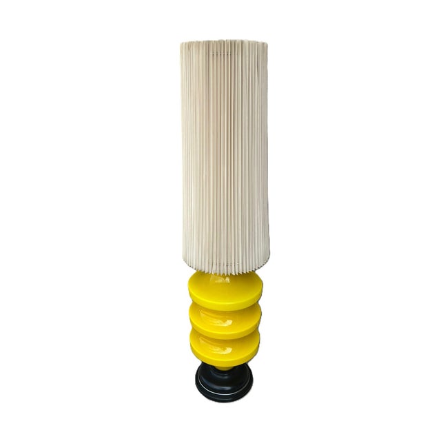 1960s Large Yellow Murano Glass Table Lamp with Pleated Lampshade, 1970s For Sale - Image 5 of 18
