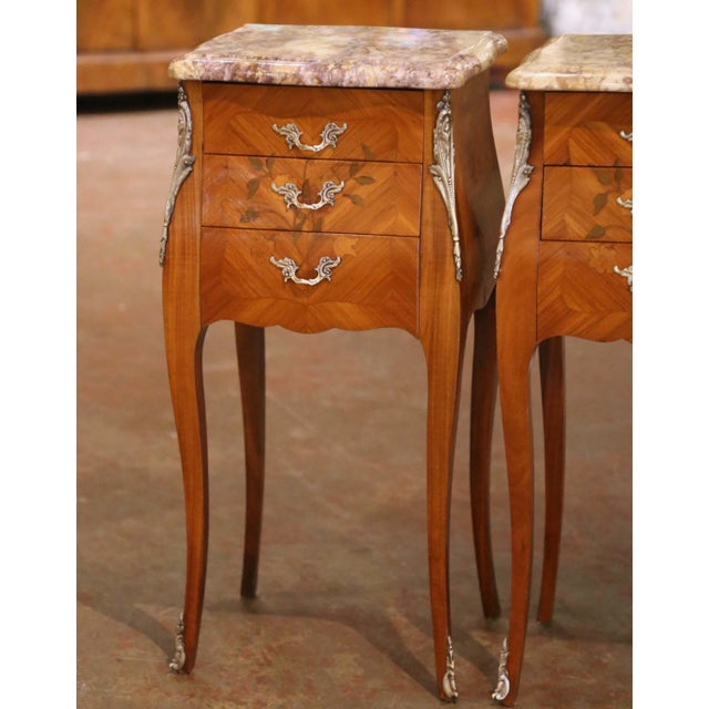 Pair Mid-Century French Louis XV Marquetry Bedside Tables With Marble Tops For Sale - Image 4 of 11