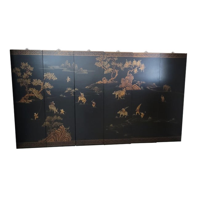 Vintage Chinese Set of 6-Panel Wall Hanging Hand-Painted Landscape With Still Life For Sale