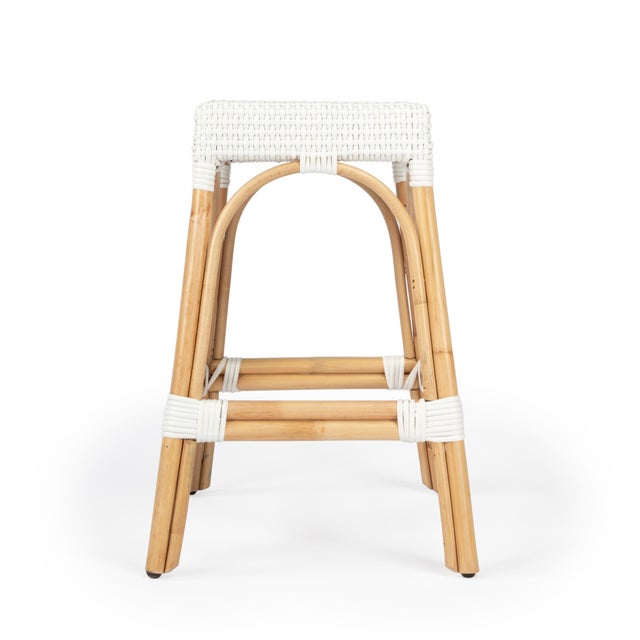 Robias 24.5 in. Seat Height Rectangular Rattan Backless Counter Stool with Footrest, Glossy White/ Natural Rattan Frame For Sale In Chicago - Image 6 of 9