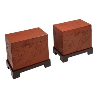 Asian Modern Orange Box on Stand Side Tables -Pair For Sale