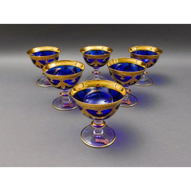 Interglass Italy 24K Gold Cobalt Blue Crystal Compote Serving Bowl Set Of 6. Measures approximately 4 5/8" diameter, 4...