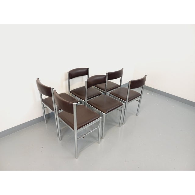 Vintage Chairs in Chromed Metal and Brown Imitation Leather, 1970s, Set of 6 For Sale - Image 13 of 18