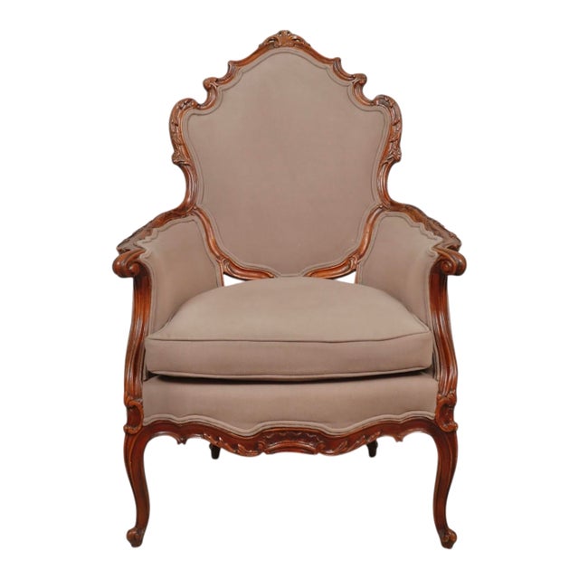 Mocha Upholstered Antique Rococo Bergere Armchair For Sale