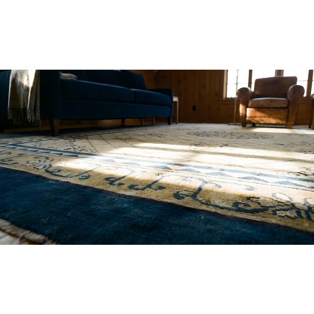 Outstanding Small Round Medallion on Beige Background Color With Navy Border Antique Chinese Peking Rug For Sale - Image 13 of 14