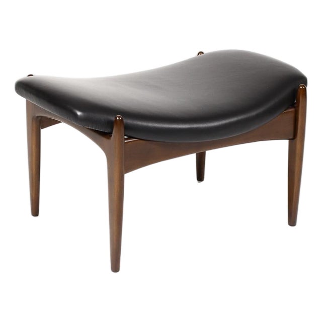 1960s Danish Modern Mid Century Mahogany Ottoman Foot Stool —Attributed to Kofod Larsen for Selig — Black Leather For Sale