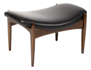 1960s Danish Modern Mid Century Mahogany Ottoman Foot Stool —Attributed to Kofod Larsen for Selig — Black Leather