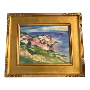 1970’s Original Modernist Abstract Marin Style Seascape With Rocky Coastline Watercolor Painting Gold Leaf Frame