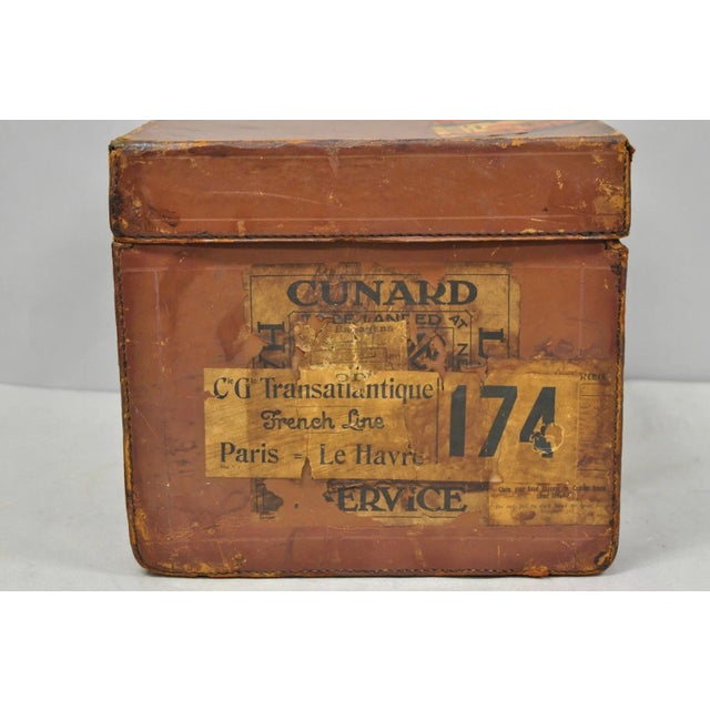 Late 19th Century English Art Deco Brown Leather Travel Case Suitcase W/ Cunard Stickers & Top Hat For Sale - Image 11 of 18