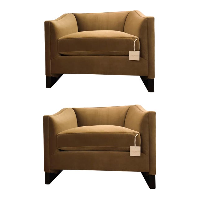 Caracole Modern Camel Velvet Club Chairs Pair For Sale