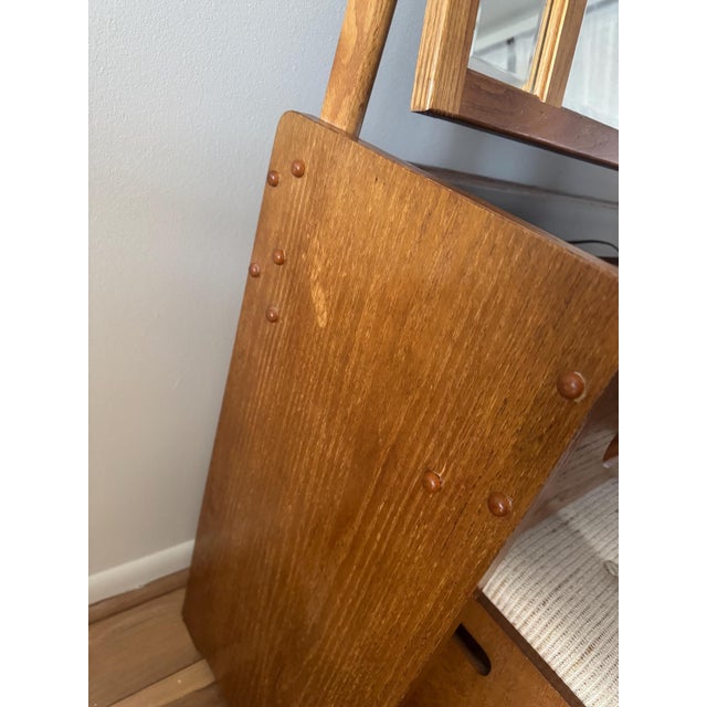 Mid 20th Century Oak Vanity Table With Lighted Adjustable Top Mirror and Upholstered Bench For Sale - Image 17 of 17