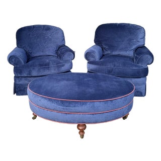 Late 20th Century 3 Piece High End Custom Upholstered Club Chairs & Ottoman For Sale