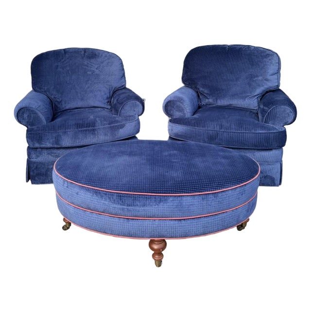 Late 20th Century 3 Piece High End Custom Upholstered Club Chairs & Ottoman For Sale