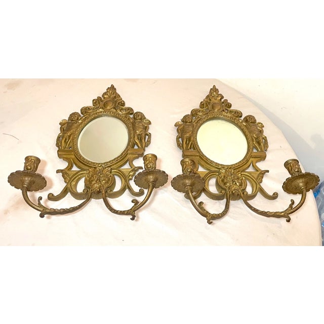 Brass Pair Large Ornate Vintage Solid Brass Figural Cherub Wall Mirror Sconce Fixtures For Sale - Image 8 of 12