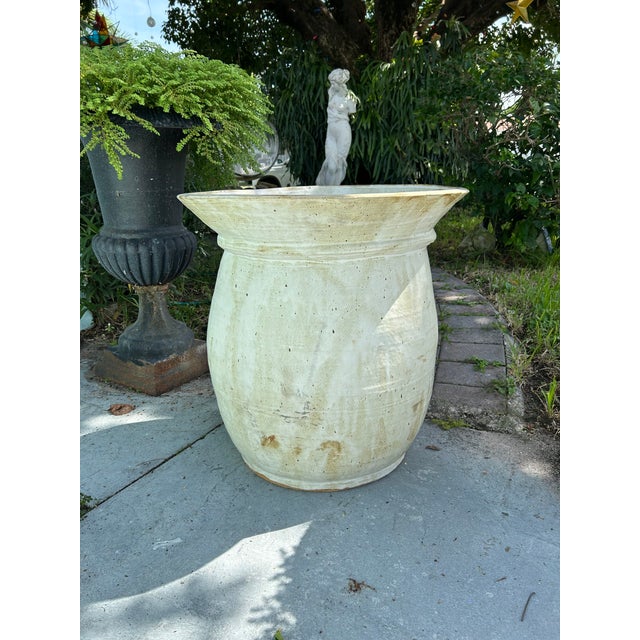 Rustic European Large Ivory Glazed Terracotta Planter With Flared Rim For Sale - Image 3 of 9