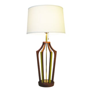 1950s Modeline Modern Rare XL Atomic Cage Walnut Brass Table Lamp For Sale