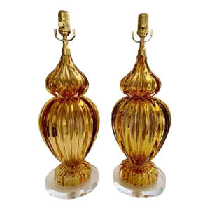 Pair Large Seguso Murano Golden Amber Table Lamps