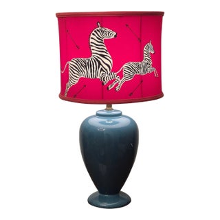 Contemporary Scalamandre Attributed Red Zebra Drum Shade & Late 20th Century Royal Haeger Teal Ceramic Ginger Jar Table Lamp For Sale