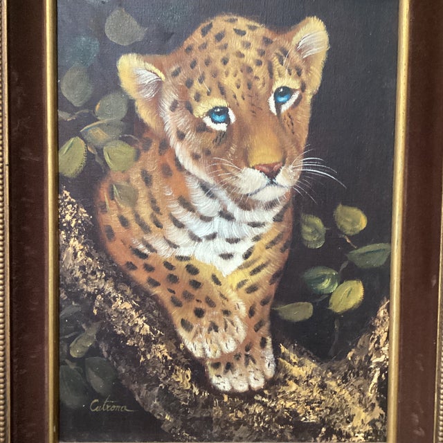 Safari Vintage Wildlife Oil Painting on Canvas "Leopard Cub" Signed Framed For Sale - Image 3 of 12