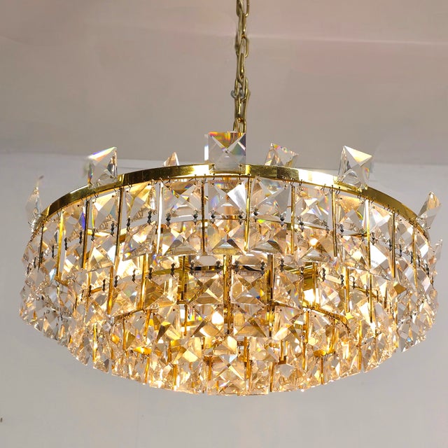 Mid-Century Brutalist Clear Crystal and Brass Chandelier from Palwa, 1970s For Sale - Image 4 of 12