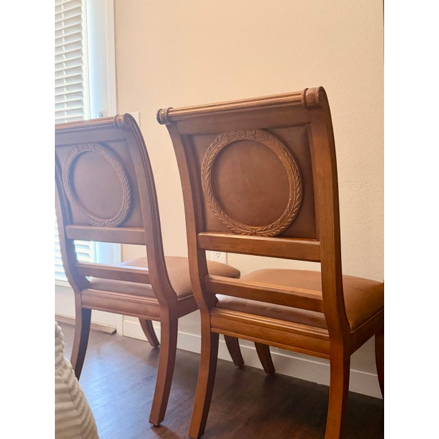 Pair of Bernhardt Handcrafted Wood & Leather Dining Chairs Made in Thailand For Sale - Image 11 of 11