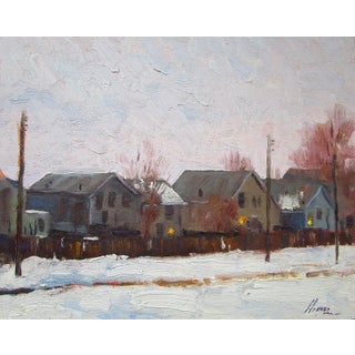 Morning Lights by Lorenzo Chavez | Oil Painting of houses in a snowy landscape at dawn For Sale