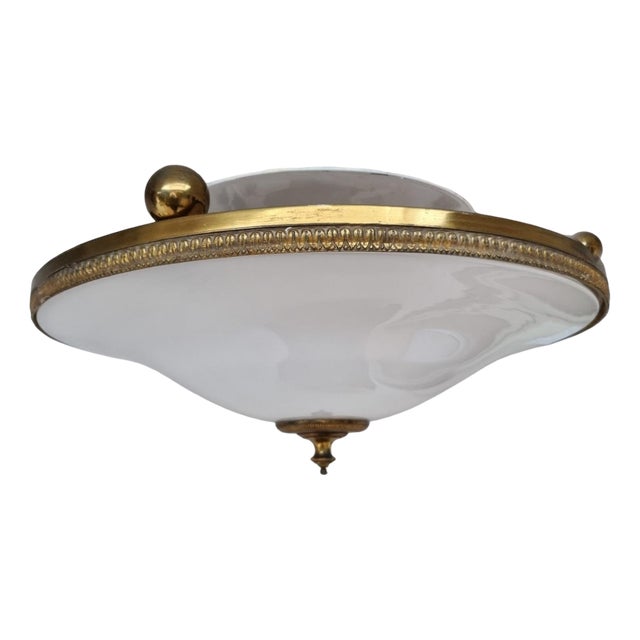 Neoclassical Empire Plafonniere Ceiling Lamp in Opaline Glass and Gilt Brass, 1940s For Sale