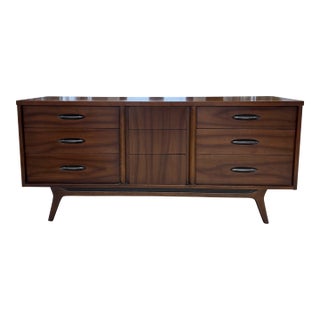 Vintage Mid-Century Modern Walnut Long Dresser With Mirror Kent Coffee Style For Sale