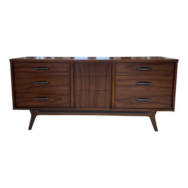 Vintage Mid-Century Modern Walnut Long Dresser With Mirror Kent Coffee Style For Sale