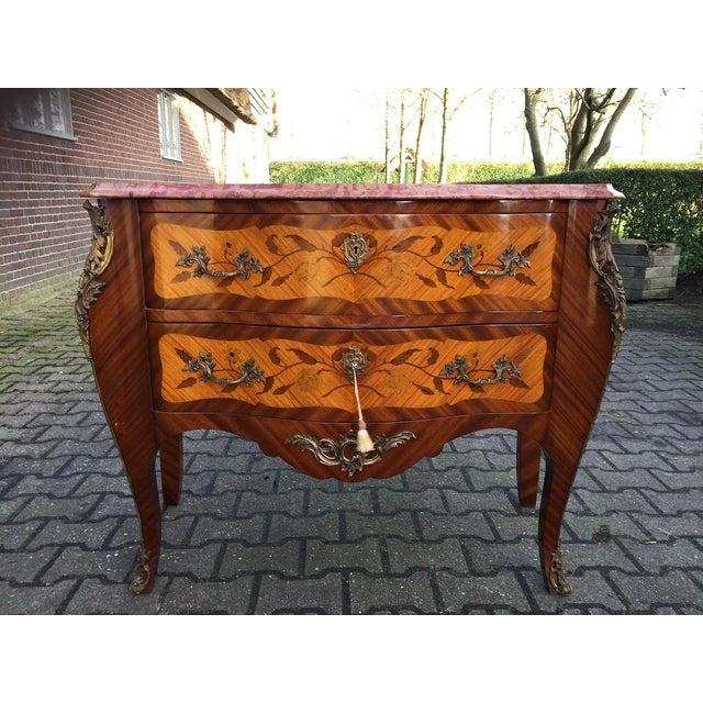 Bronze 1900s French Louis XVI Fruitwood Marble Commode 1pc For Sale - Image 8 of 14