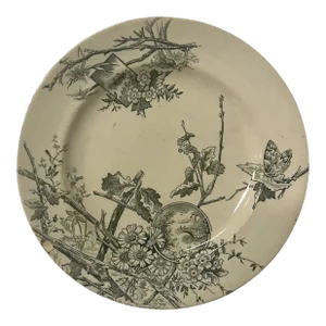 Antique Late 19th Century W&H Aesthetic Movement Green and White Transferware Plate