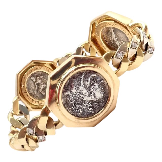Bulgari Vintage Monete Three Large Ancient Coin Diamond Gold Link Bracelet For Sale