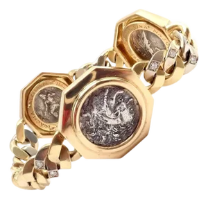 Bulgari Vintage Monete Three Large Ancient Coin Diamond Gold Link Bracelet