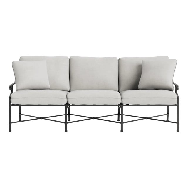 Brown Jordan Venetian Sofa, Textured Pewter frame with Fusion Dove fabric For Sale