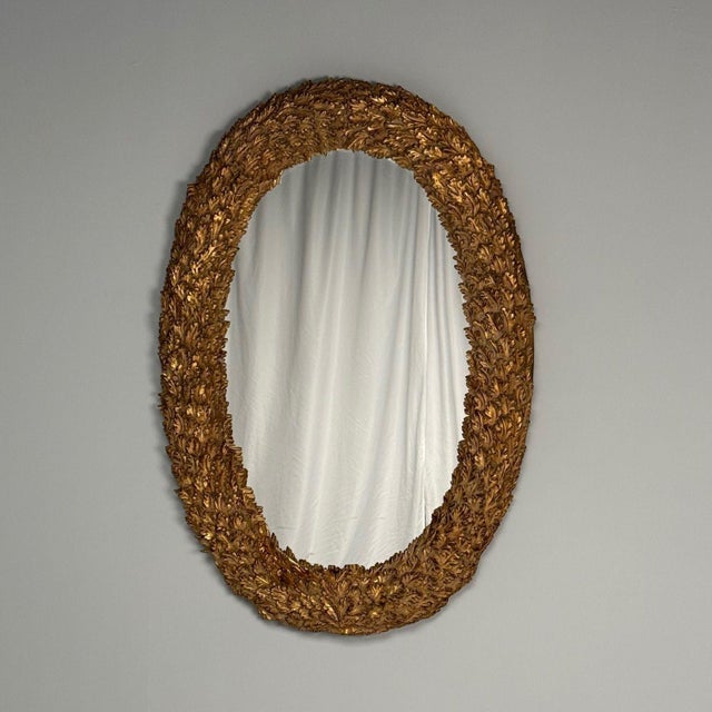 Hollywood Regency, Large Oval Wall Mirrors, Carved Giltwood, Leaf Motif, 21st C. For Sale - Image 4 of 10