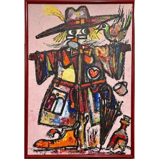 Lazar Obican, Large Naive European Folk Art Oil Painting Lazar Obican French Scarecrow Clown, 1968 For Sale