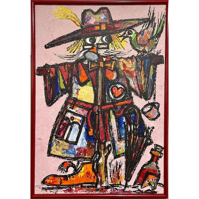 Lazar Obican, Large Naive European Folk Art Oil Painting Lazar Obican French Scarecrow Clown, 1968 For Sale